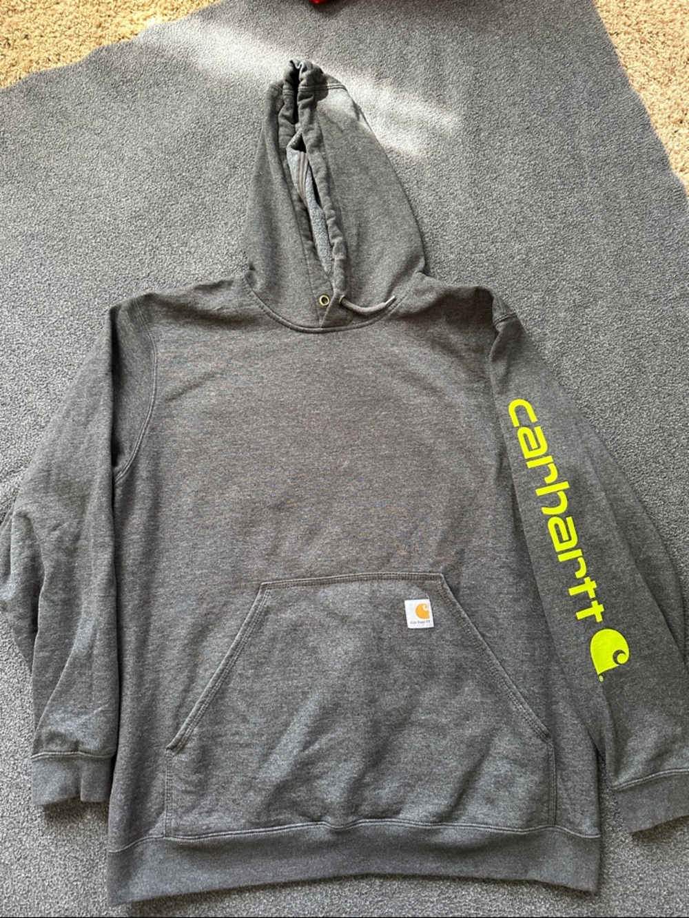 Carhartt Gray Pullover Hoodie with Neon Yellow Sleeve Logo